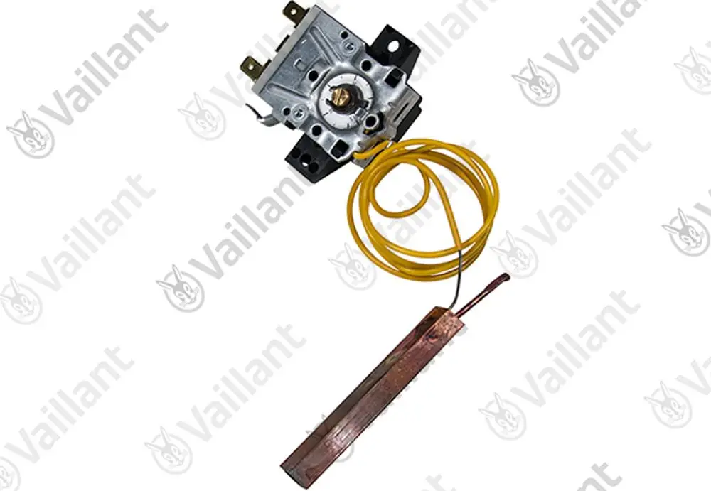 Vaillant Kesseltemperaturregler mit einem Metallgehäuse und gelben Anschlussleitungen, verbunden mit einem Kupferfühler.